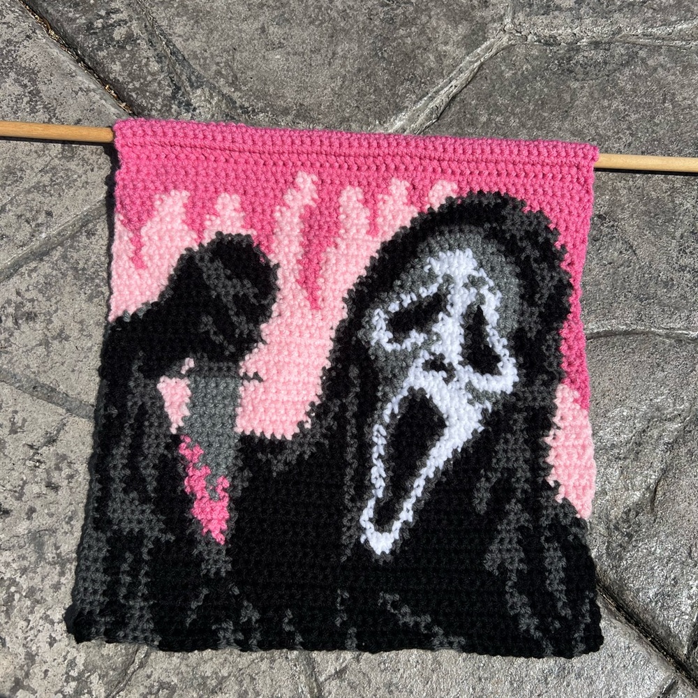 Hand Crocheted Pink Scream Ghost Face Halloween Tapestry!
